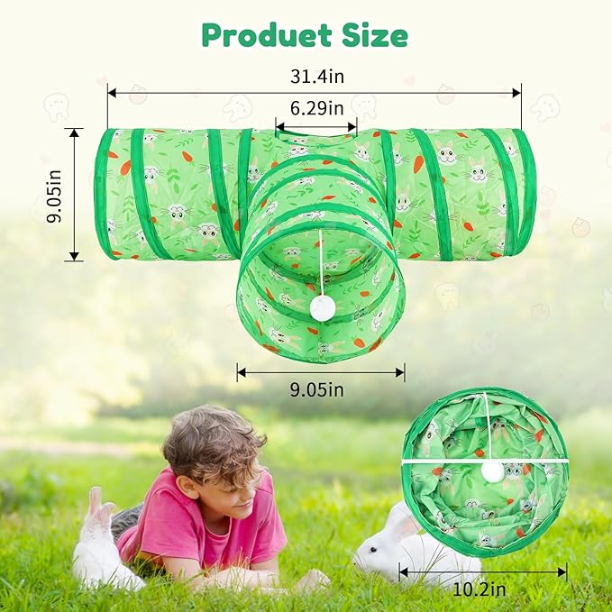 BWOGUE Bunny Tunnels & Tubes Collapsible 3 Way Bunny Hideout Small Animal Activity Tunnel Toys for Dwarf Rabbits Guinea Pigs Kitty