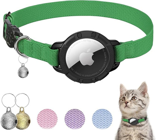 AirTag Cat Collars, Stretchy Collar with Apple AirTag Holder and Bell, Breakaway Ultra Design Elastic GPS Tracking Collars for Cats and Puppies, (7.5-12.5 Inch), Emerald Green
