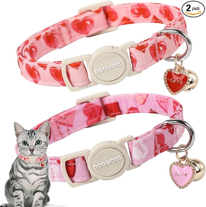 Cat Collar,2 Pack Cat Collars Breakaway with Bell, DOGWONG Safety Buckle Valentine's Day Cat Collar Pink Heart for Girl Boy Cats and Small Dogs，Adjustable 7-12 Inch,Pet Supplies Accessories