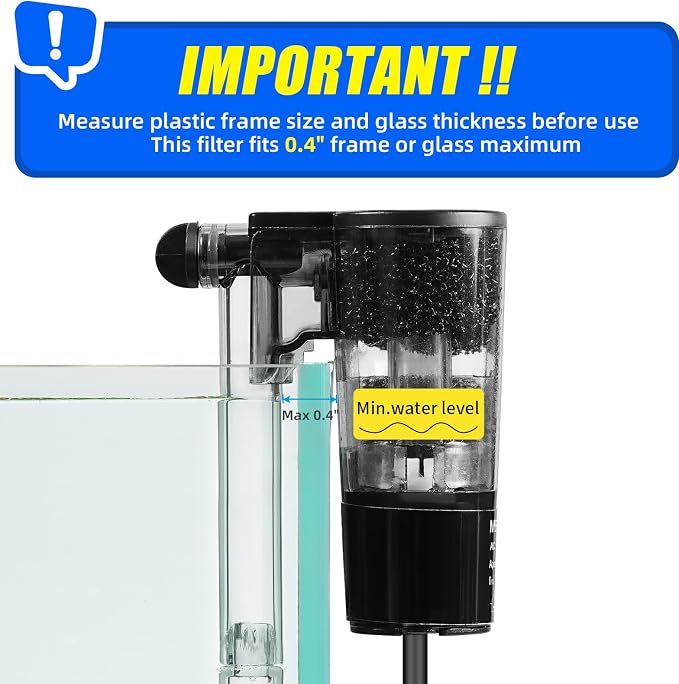 AQUANEAT Aquarium Hang on HOB Power Filter 3 Gallon Rimless Small Fish Tank Filter 65GPH (Up to 3Gal)