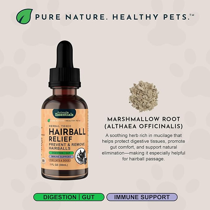 Animal Essentials Hairball Relief Formula - Hairball Treatment for Cats & Dogs, Natural Remedy with Marshmallow Root Extract, Hair Ball Relief for Cats & Kittens, Feline Support for Furball - 1 Fl Oz