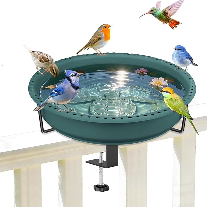 Bird Baths for Outdoors, Rustproof Metal Clamp Birdbaths & Birdfeeder with Detachable Plastic Basin, Outdoor Bird Feeding & Watering Station for Wild Birds Garden Patio Balcony (Green)