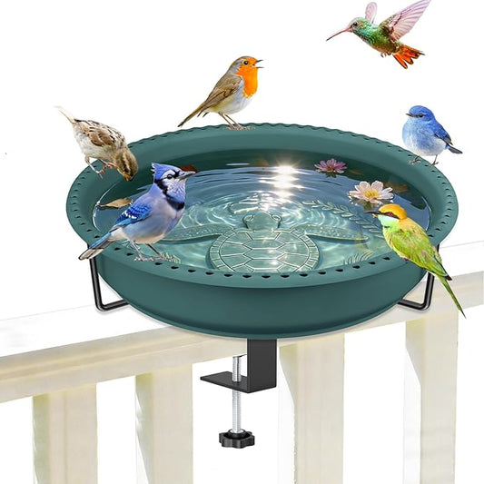 Bird Baths for Outdoors, Rustproof Metal Clamp Birdbaths & Birdfeeder with Detachable Plastic Basin, Outdoor Bird Feeding & Watering Station for Wild Birds Garden Patio Balcony (Green)