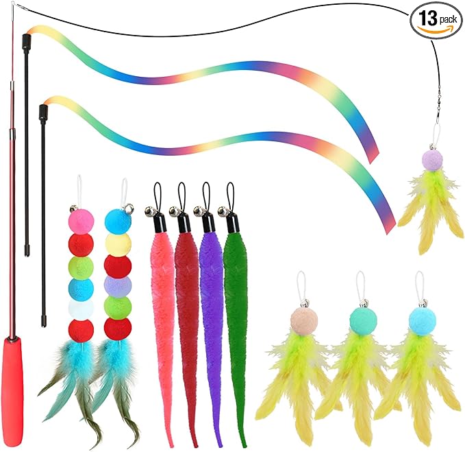 Cat Toys for Indoor Cats, 13 Packs Interactive Cat Wand Toy Set with Feather Toys & Teasers, Fun Cat Toys for Exercise, Playtime and Boredom Relief