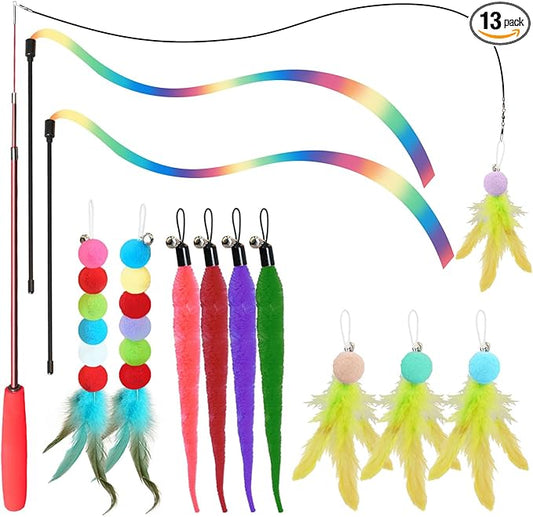 Cat Toys for Indoor Cats, 13 Packs Interactive Cat Wand Toy Set with Feather Toys & Teasers, Fun Cat Toys for Exercise, Playtime and Boredom Relief