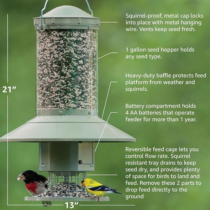 AUTOFEEDER Bird Feeder, Programmable, Automatic Time Released, Battery-Powered, Removable Lid, Squirrel Proof, Weather Resistant, 360 Degree Perch, Large Capacity - Classic Green