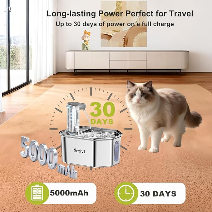 Cordless Cat Water Fountain Stainless Steel - Stainless Steel Cat Water Fountain Cordless - Water Fountain for Cats - Wireless Pet Water Fountain - Motion Sensor/Battery Operated 2.6L,4 Filters