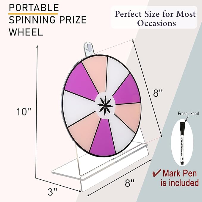 iobiotio 8 inch Spinning Prize Wheel, Double Side Spinning Wheel for Prizes with Stand, 9,10 Slots Color, 2 in 1 Small Tabletop Roulette Spinner, Easy Assembly and Erasable, Portable, 5mm, Clear