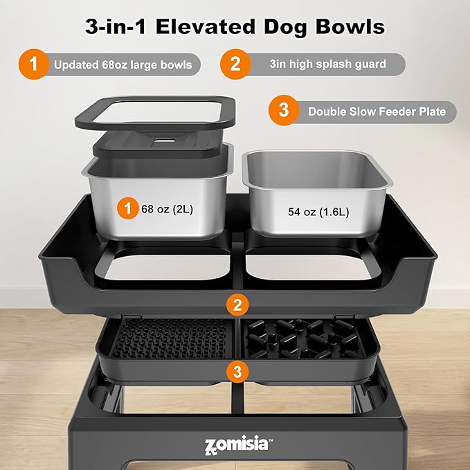 ZOMISIA 3-in-1 Raised Dog Bowl - 6 Height Adjustable Elevated Dog Bowls, Double Deck Design Mess Proof, Feeding Station with 2L No Spill Stainless Steel Bowls & Licking Plate for Medium Large Pets