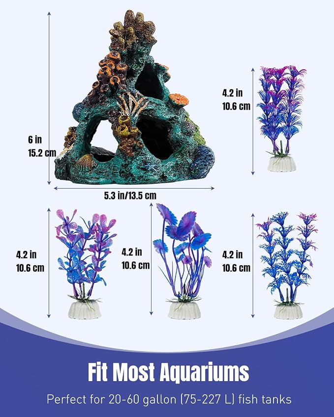 Uniclife Aquarium Decor, Fish Tank Decorations, Realistic Resin Coral Reef Rock Ornament & Plants Set for Fish Tank Decor, Colorful Aquarium Cave Decorations for Freshwater & Saltwater Tanks