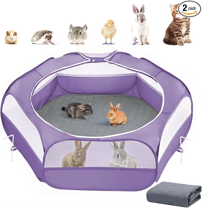 2-in-1 Small Animals Playpen with Pad, Waterproof Small Pet Cage Tent with Reusable Pad, Portable Outdoor Yard Fence with 3 Metal Rod for Chick/Kitten/Puppy/Guinea Pig/Rabbits/Chinchillas, Purple+Gray