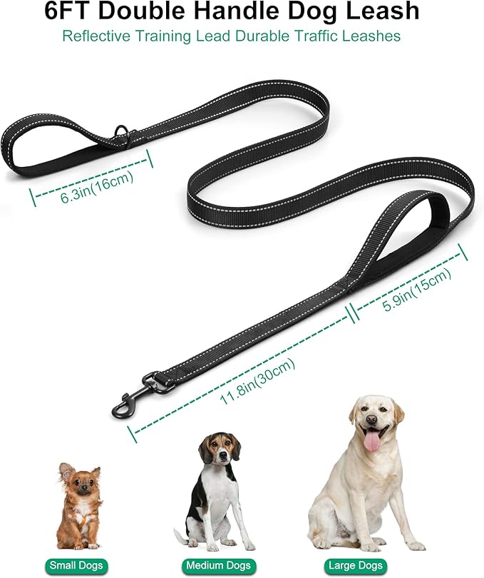 Heavy Duty Dog Leash with 2 Handles - 6ft Reflective Anti-Pull Leash for Large Dogs, Padded Traffic Handle for Control, Durable Nylon Training Lead (Black)
