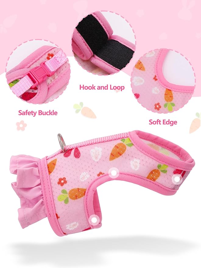 Hotlion Guinea Pig Harness and Leash Set, Soft Breathable Rabbit Harness and Leash Set Cute Mesh Bunny Vest Harness for Rabbit Hamster Clothes Kitten Ferret Puppy Small Pets Walking Gear, Pink L