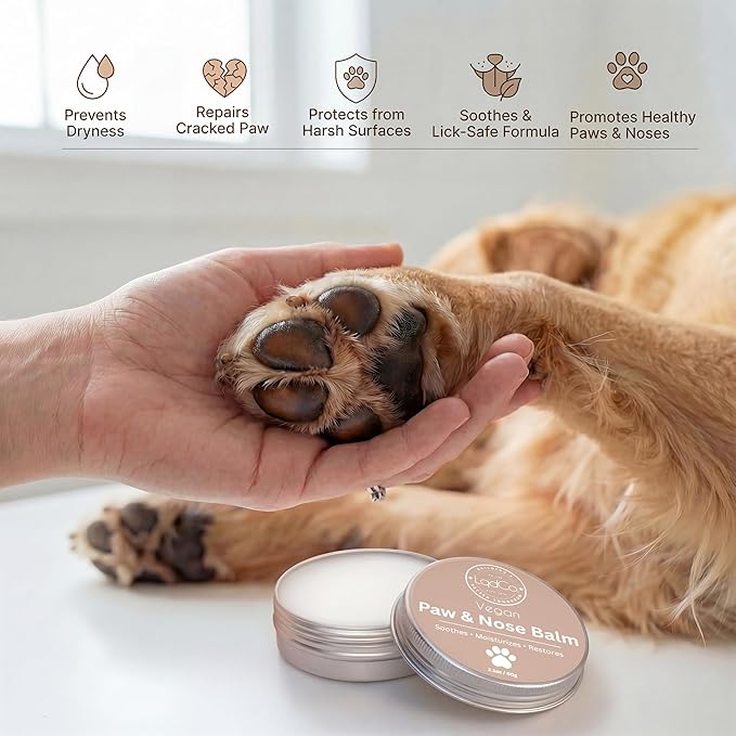 All in One Natural Vegan Dog Paw and Nose Balm, Winter and Summer Paw Protection from Snow, Ice, Salt and Hot Pavement, Moisturizes and Repairs Dry, Cracked Paws, Lick Safe, 2.0 oz,
