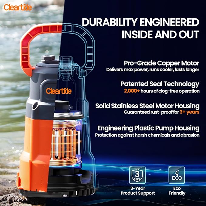 Cleartide Submersible Utility Water Pump, 8160 LPH High Flow, 100% Copper Motor, Thermoplastic Portable Plug & Work, Ideal for Pool, Flooded Basement, Hot Tub, Pond & Garden Draining,10 FT Cord