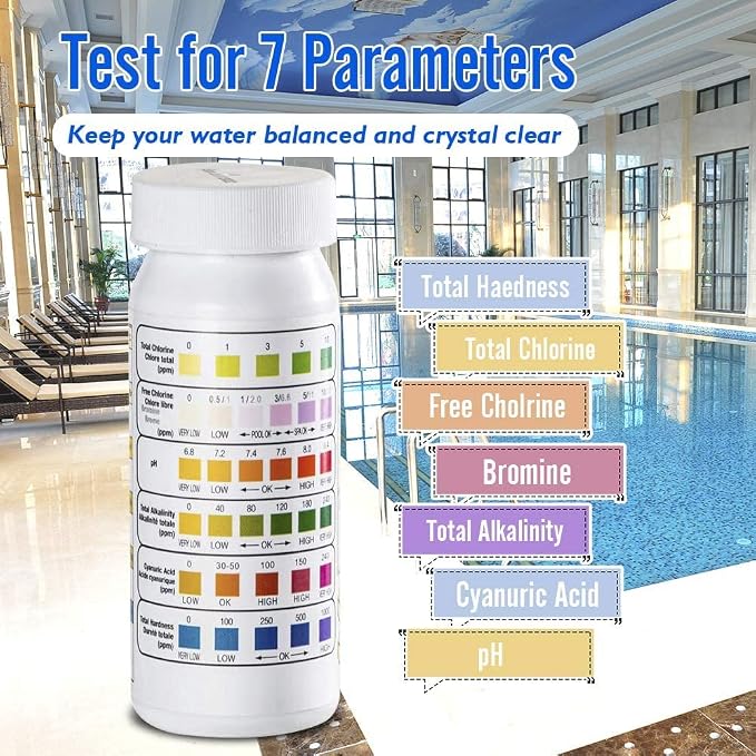 SuperCheck 6-Way Spa Test Strips for Hot Tub, 7 Parameters, 50 Count, Hot Tub Test Strips for Chlorine, Bromine, pH, Alkalinity, Cyanuric Acid and Hardness Levels in Pool and Spa, Test Kit for Pools