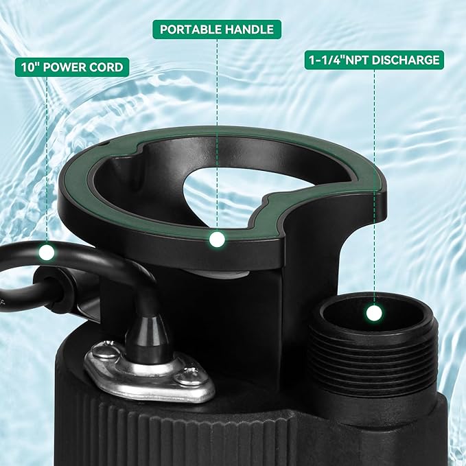 PUMPMAN 1/6HP Utility Pump, 1850 GPH Submersible Water Pump with Handle, Thermoplastic Portable Well Pump IPX8 Waterproof for Pools, Basements, Car Washing, Garden