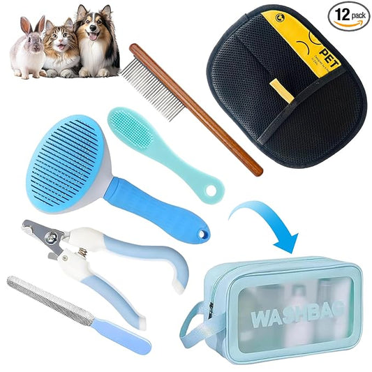 Aglads 12PCS Dog Cat Rabbit Grooming Kit,Self-Cleaning Slicker Brush,Nail Clipper File,Tear Mark Brush,KnotRemover Comb,Hair Glove,Flat Cut,Hair Scissor,Flea Comb,Bath Brush,Towel,Travel Bag(12, blue)