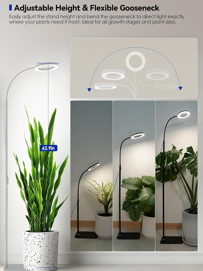 Grow Lights for Indoor Plants, Full Spectrum LED Plant Light with Stand | 20W Dimmable, 3 Growing Modes Floor Lamp, Adjustable Height & Angle, Plant Growing Lamp with 3/9/12H Timer, White Single Head