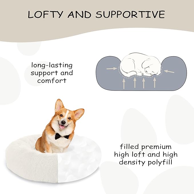 Bunlitent 30'' inch Calming Dog Bed, Anti-Anxiety Donut Small Medium Dog Bed, Warming Cozy Soft Cute Round Washable, Marshmallow Cuddler Nest Puppy Dogs and Cats Bed, White