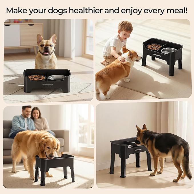 URPOWER Mess Proof Elevated Dog Bowls, High Wall Splash Guard Design, 4 Height Adjustable Raised Bowl Stand with Stainless Steel & Slow Feeder Bowl, Non-Slip Food Water Set for Small Medium Large Dogs