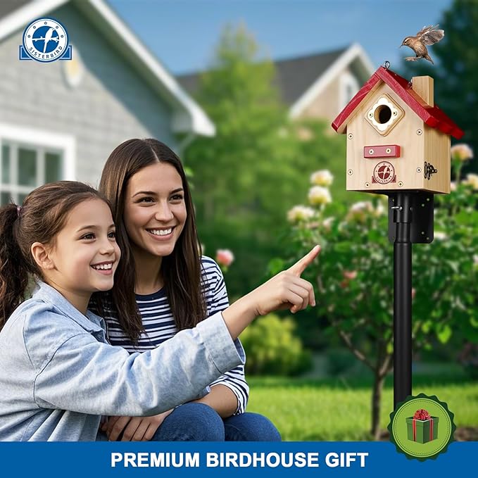 SISTERBIRD Wren Bird House, Premium Wooden Bird Houses for Outside, Classic Cabin Design Birdhouses for Outdoors, Hanging Bird House, Red-Breasted Nuthatch Wren Chickadee