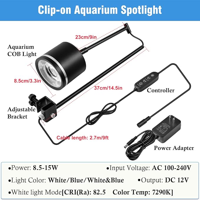HITOP Clip-On Aquarium Spotlight for 30-55cm Reef/Freshwater Tanks, Fish Tank Light with COB LED, White & Blue Color, Auto Mode &Timer, Adjustable Height & Angle
