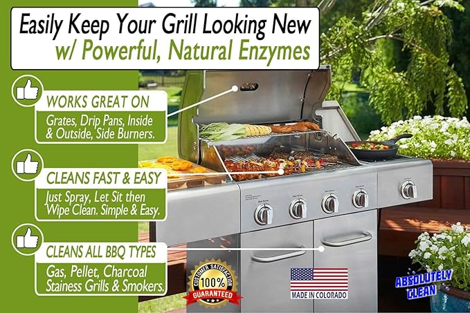 Absolutely Clean AMAZING Grill Cleaner Spray! - Professional Strength, Natural Enzyme Formula - Fast Acting, Fume Free - USA Made (16oz Spray Bottle 2 Pack)