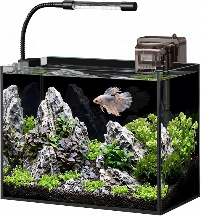 2.5 Gallon Nano Aquarium Starter Kit, Rimless Glass Fish Tank Kit | Leak-Proof Aquarium Kit with Filter, Adjustable LED Light, Lid & Mat for Betta, Goldfish, Small Fish or Shrimg