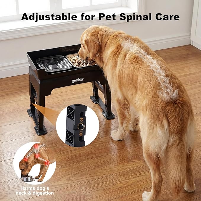 ZOMISIA 3-in-1 Raised Dog Bowl - 6 Height Adjustable Elevated Dog Bowls, Double Deck Design Mess Proof, Feeding Station with 2L No Spill Stainless Steel Bowls & Licking Plate for Medium Large Pets