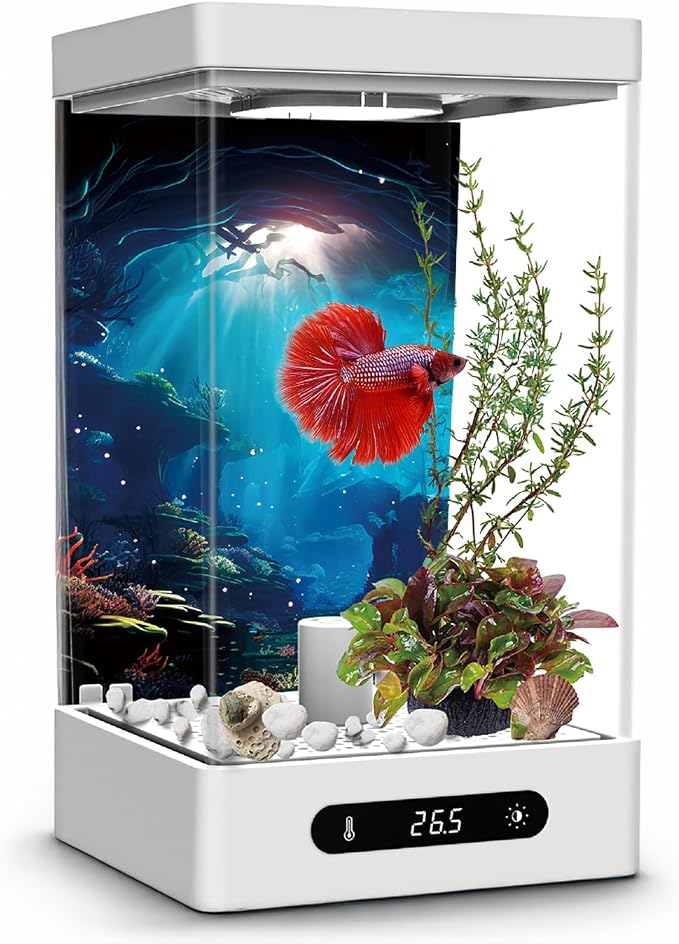 Small Shrimp Tank, 0.42 Gal Mini Fish Tank, Smart Automatic Heating, Easy Water Change Valve, and Energy-Efficient LED Lighting - Perfect for Office, Home, and Bedrooms, Single Betta Fish Only
