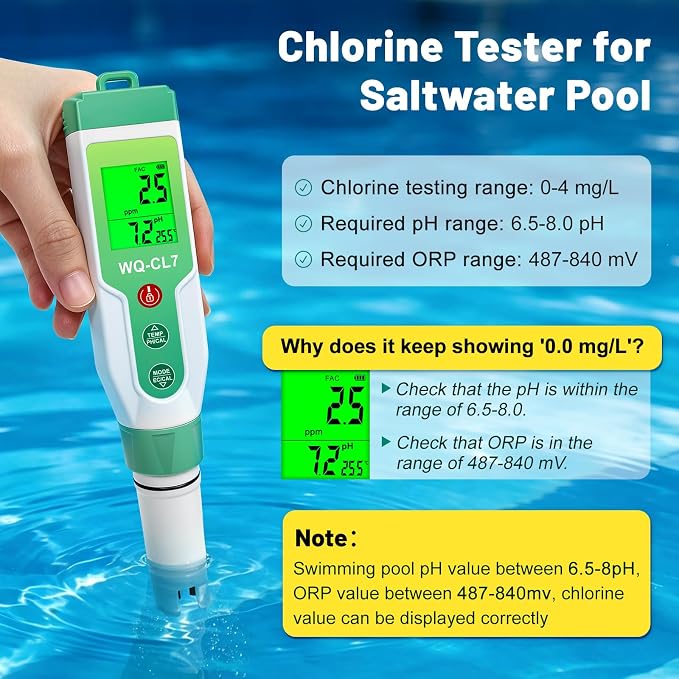 Digital Chlorine Tester, Pool Salt Tester with Calibration Kit | 7-in-1: pH, Salt, FAC, ORP, EC, TDS, Temp. High Precision with ATC. For Saltwater Pool, Hot Tub Spa, Aquarium, Hydroponic