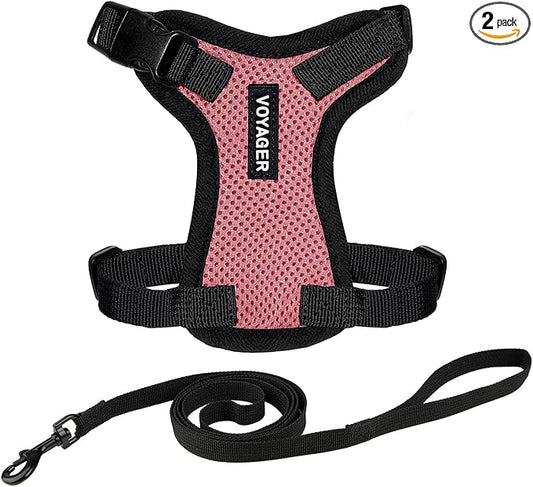 Voyager Escape-Proof Step-in Lock Cat Harness & 5ft Neoprene-Handle Leash Set All-Weather Mesh with Reflective Stitching for Small to Large Cats by Best Pet Supplies, Pink/Black Trim, XXS