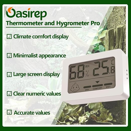Reptile Thermometer Hygrometer with Climate Comfort Indicator, Fast Accurate LCD Digital Temperature & Humidity Monitor for Terrarium, Bearded Dragon, Gecko, Snake Tank