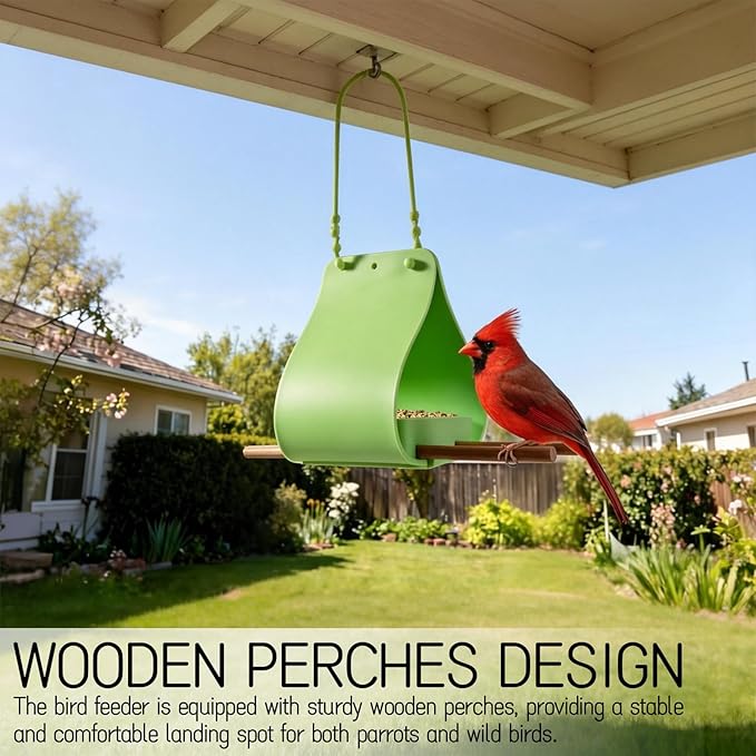 Hanging Bird Feeder with Wooden Perches, No Mess Silicone Feeding, Adjustable Strap for Parrots and Wild Birds, for Garden, Patio, and Balcony Decor (Pink)