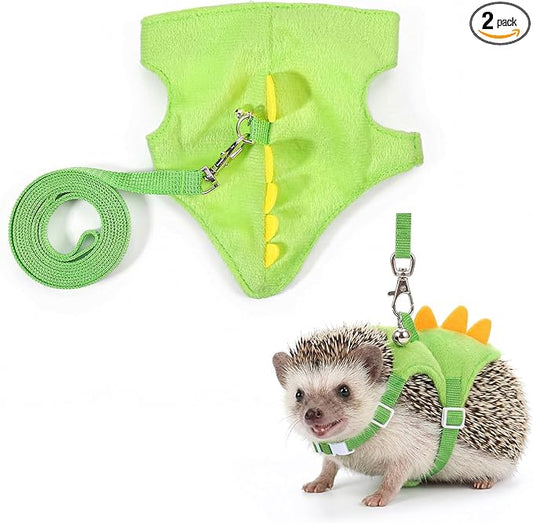 Dinosaur Shaped Harness and Leash Set, Adjustable Small Animal Harness for Hedgehog, Ferret, Guinea Pig, Hamster, Soft Plush Material, Safety Bell, Green