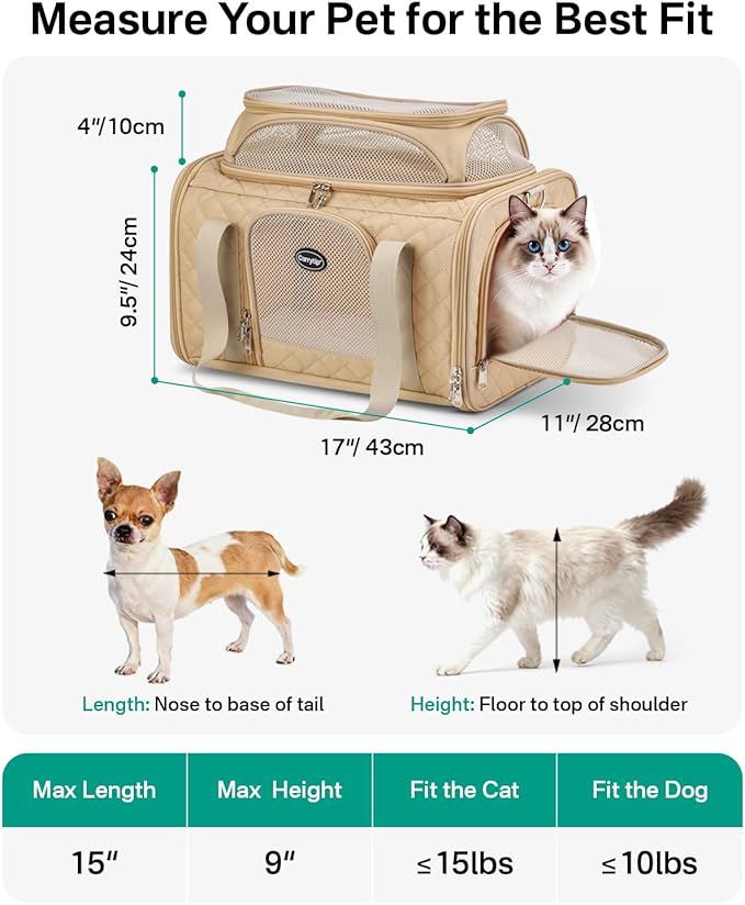 Cat Carrier Airline Approved 17x11x9.5 Inches, Top Expandable Soft Sided Pet Travel Carrier for Cats & Small Dogs, Fits Under Airline Seat with Locking Zippers, Brown