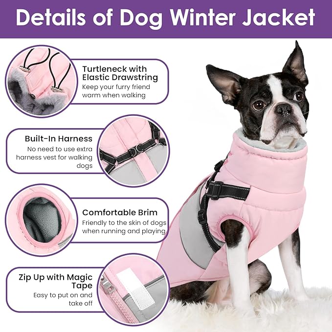Small Dog Coat with Harness Built in, Warm Dog Jacket Winter with Zipper On Back, Waterproof Pet Snow Jacket Snowsuit Pet Sweater Clothes for Schnauzer, Yorkshire Terrier, Pink S