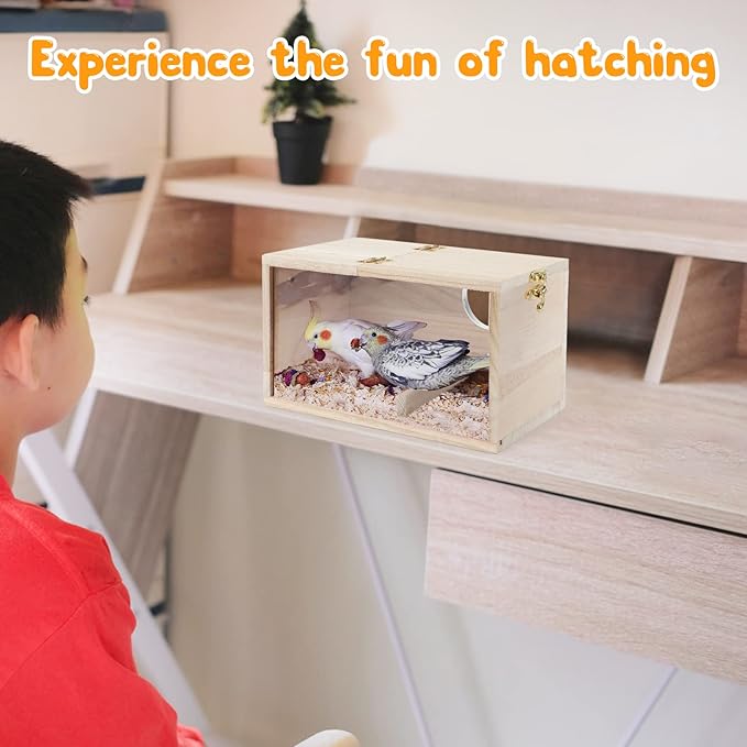 Rypet Parakeet Nesting Box Transparent Design, Thwartwise Bird Nest Breeding Box with Perch Wood Bird Cage House for Cockatiel Lovebirds Budgie Finch Parrotlets Canary L