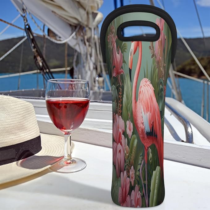 Flamingo Tropical Flowers Wine Bag Single Bottle Wine Tote Bag Neoprene Wine Carrier Bags with Carry Handle Portable Wine Bottle Holder for Travel Party Picnic