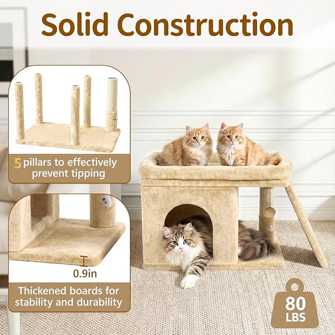 Cat Tree Tower Bed with Scratching Post for Indoor, Heavy Duty Small Stand House Condo for Large Cats & Kittens, Platform Perch Hideout Climb Rest Area, Modern Sturdy Furniture, Beige