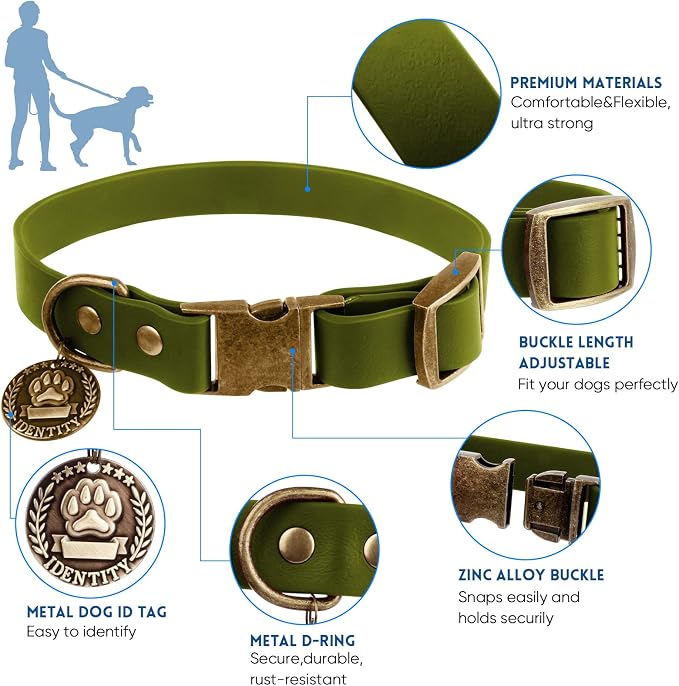 Wisedog Waterproof Dog Collar and Leash Set, M, Green | Adjustable Puppy Collar, Cute Tag, 5FT Leash, Includes Poop Bag, For Small Medium Large Dogs