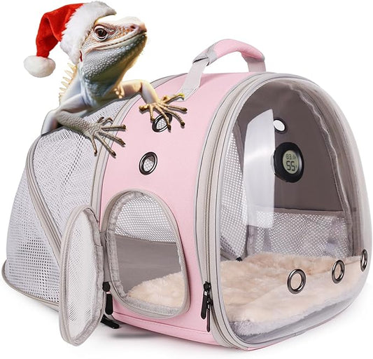Back Extention Bearded Dragon Travel Backpack Carrier with Reptile Thermometer and Humidity Gauge Lizard Travel Cage Space Capsule Clear Bubble Window Astronaut Reptile Carrier Bag for Ball Python