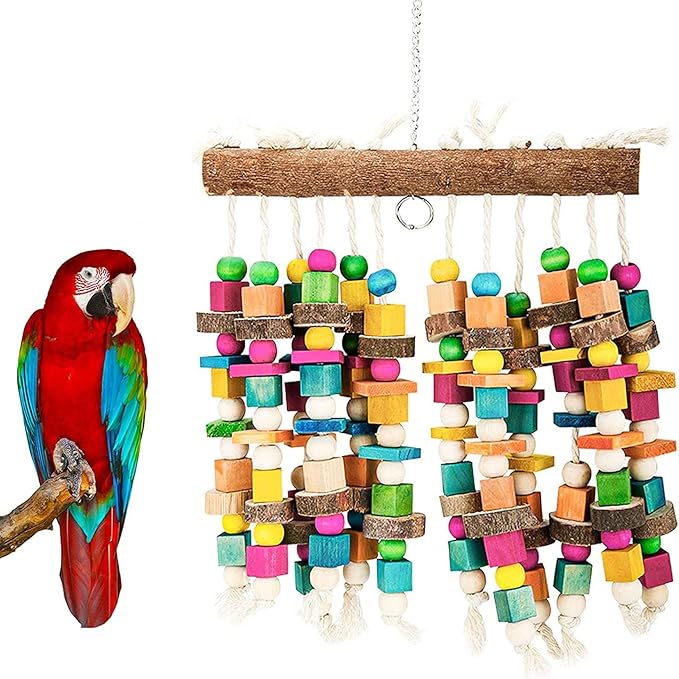 Kikerike Parrot Chewing Toy Bird Bite Toy with Colorful Wood Beads, Multicolored Natural Wooden Block Cage Toys for Macaw Cockatoo Parakeets