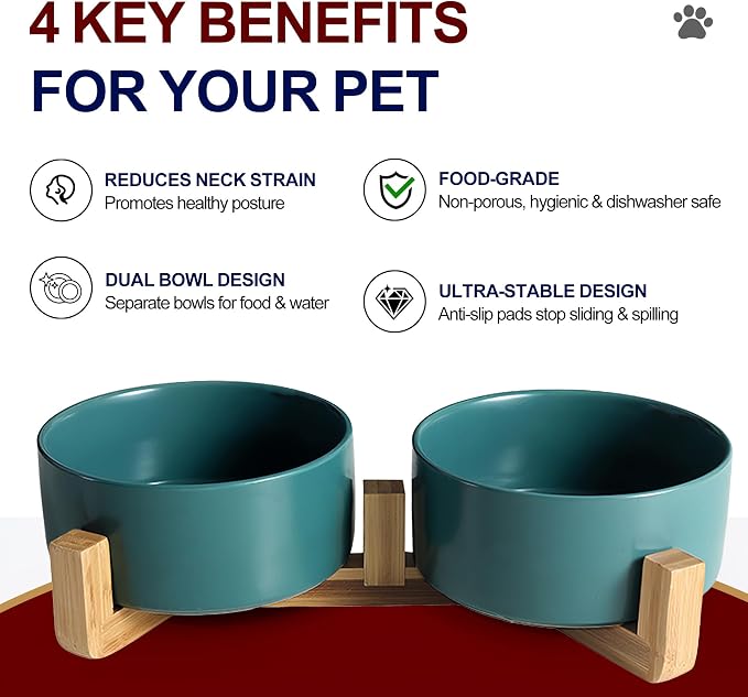 Ceramic Dog and Cat Bowls with Wooden Stand, Modern Design Pet Food and Water Dishes Set for Medium and Large Dogs, Non-Slip Feeding Station with Weighted Base, Green, 28.7 oz - Set of 2