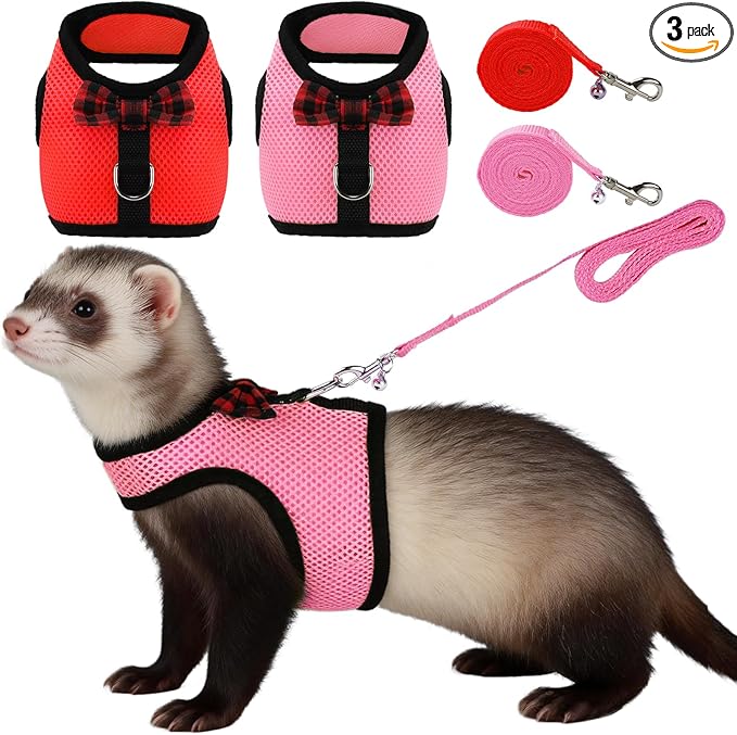 Rypet Small Animal Harness and Leash - Soft Mesh Pet Harness with Safe Bell, No Pull Comfort Padded Vest for Small Pet red + Pink S