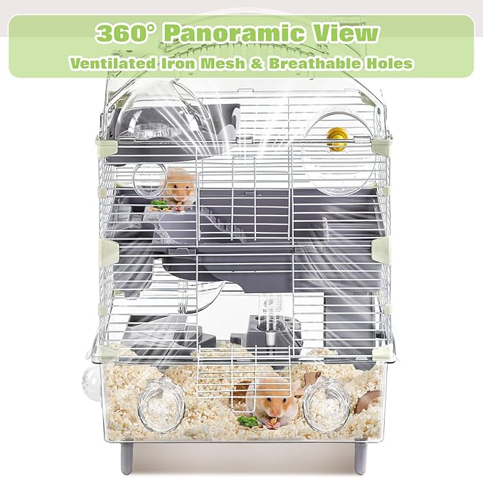 3-Tier Hamster Cage Starter Kit 18″Lx11″Wx23″H for Dwarf Hamsters Only with 2 Platforms, 3 Tube Ports, Bathtub, Food Bowl, Steps, 2 Silent Wheels, 3 Doors, House, Water Bottle