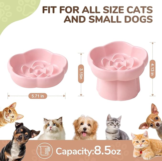 Cat Slow Feeder Flower-Shaped Ceramic Slow Feeder Cat Bowl, Tilted Raised Cat Slow Feeder Bowl for Whisker Relief, Prevents Vomiting & Bloating, Non-Slip Base (White)