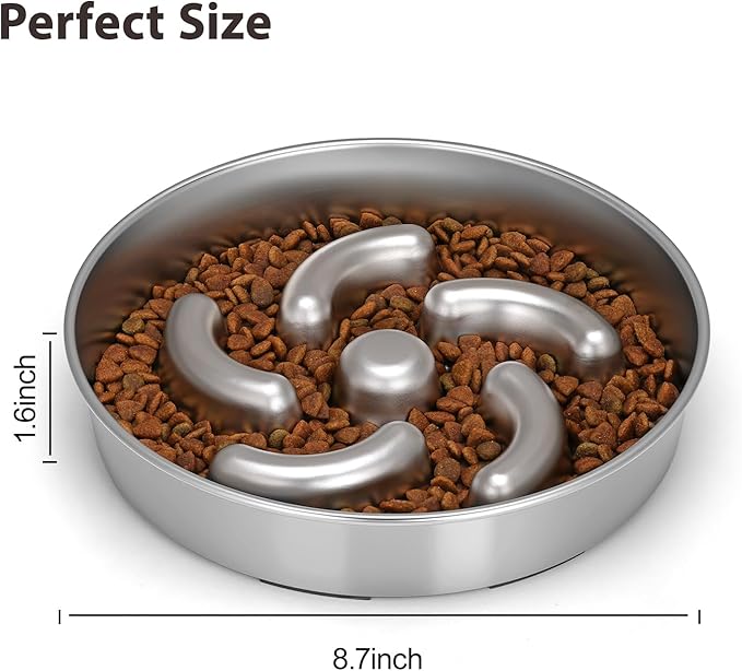 Slow Feeder Dog Bowl, 2 Cups Stainless Steel Heavy Duty with Non-Slip Base 8.7 inch Puzzle Maze Dog Food Bowls for Medium, Large Breed Size Dogs to Slow Down Eating
