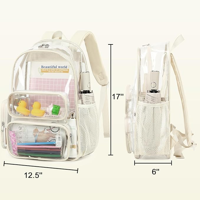 CAMTOP Clear Backpack Heavy Duty Transparent Bag for Stadium Events See Through BookBag for Student School Work Festival Sport Travel (Beige)